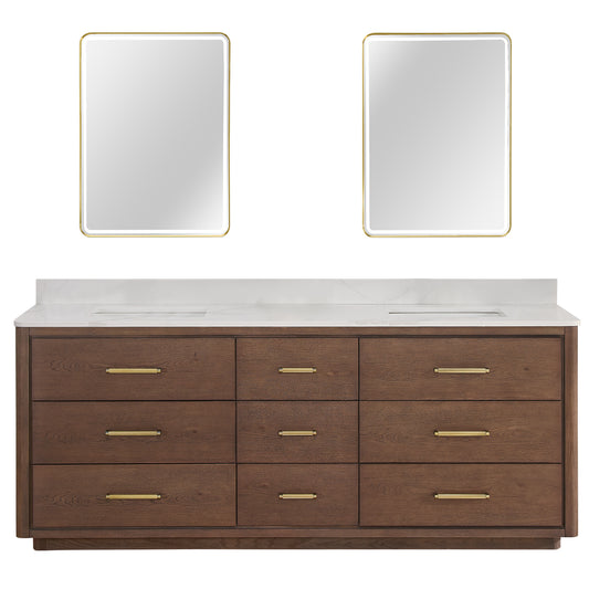Vinnova, Porto 84" Free-standing Double Bath Vanity in Aged Dark Brown Oak with Fish Maw White Quartz Stone Top and Mirror