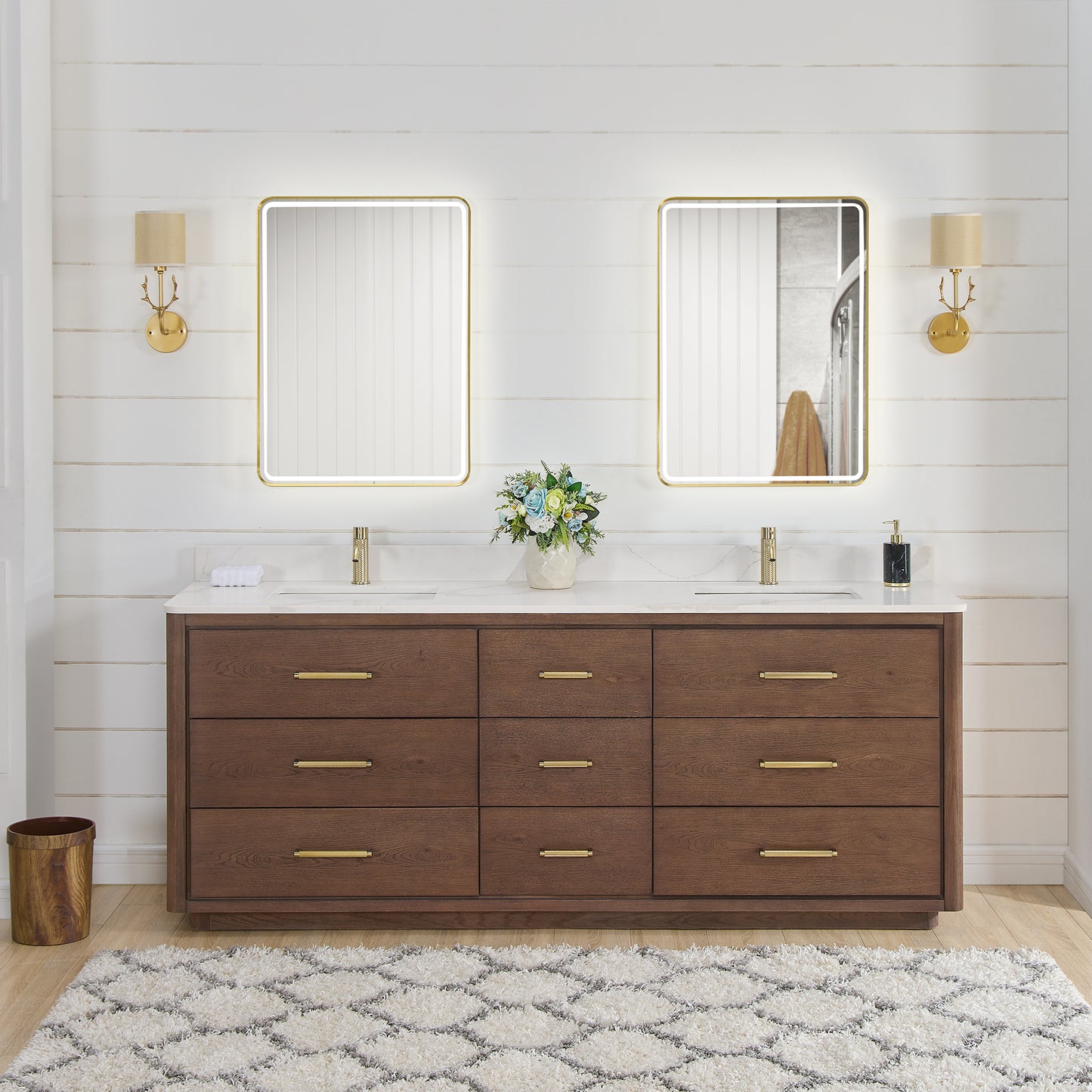 Vinnova, Porto 84" Free-standing Double Bath Vanity in Aged Dark Brown Oak with Fish Maw White Quartz Stone Top and Mirror