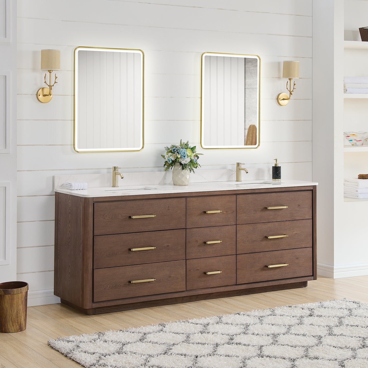 Vinnova, Porto 84" Free-standing Double Bath Vanity in Aged Dark Brown Oak with Fish Maw White Quartz Stone Top and Mirror