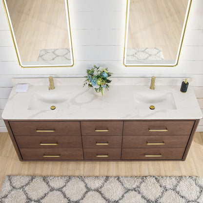 Vinnova, Porto 84" Free-standing Double Bath Vanity in Aged Dark Brown Oak with Fish Maw White Quartz Stone Top and Mirror