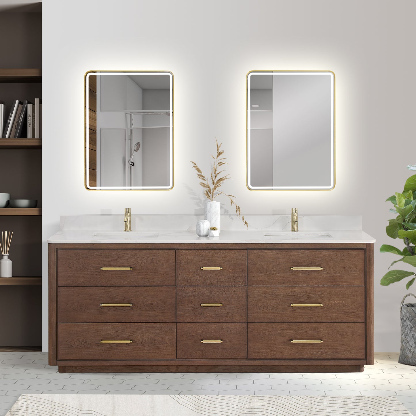 Vinnova, Porto 84" Free-standing Double Bath Vanity in Aged Dark Brown Oak with Fish Maw White Quartz Stone Top and Mirror