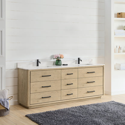 Vinnova, Porto 84" Free-standing Double Bath Vanity in Aged Natural Oak with Fish Maw White Quartz Stone Top