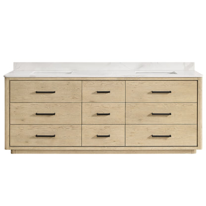 Vinnova, Porto 84" Free-standing Double Bath Vanity in Aged Natural Oak with Fish Maw White Quartz Stone Top