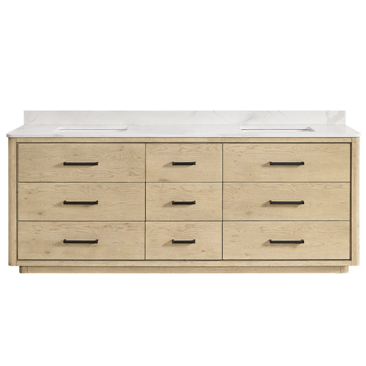 Vinnova, Porto 84" Free-standing Double Bath Vanity in Aged Natural Oak with Fish Maw White Quartz Stone Top