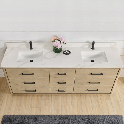 Vinnova, Porto 84" Free-standing Double Bath Vanity in Aged Natural Oak with Fish Maw White Quartz Stone Top