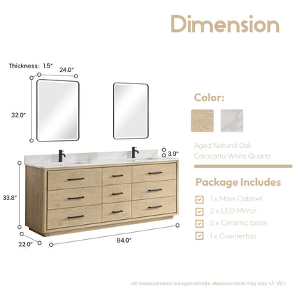 Vinnova, Porto 84" Free-standing Double Bath Vanity in Aged Natural Oak with Fish Maw White Quartz Stone Top and Mirror