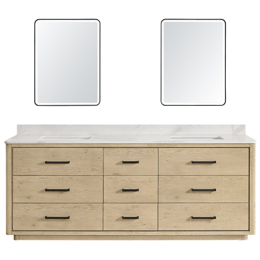 Vinnova, Porto 84" Free-standing Double Bath Vanity in Aged Natural Oak with Fish Maw White Quartz Stone Top and Mirror