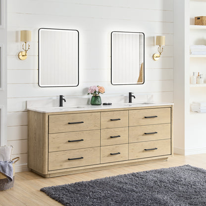 Vinnova, Porto 84" Free-standing Double Bath Vanity in Aged Natural Oak with Fish Maw White Quartz Stone Top and Mirror