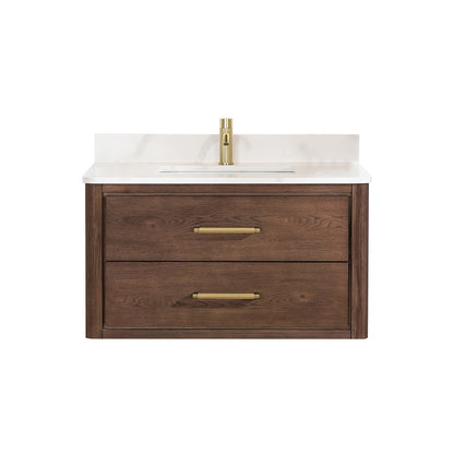 Vinnova, Cristo 36" Floating Single Bath Vanity in Aged Dark Brown Oak with Fish Maw White Quartz Stone Top