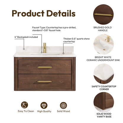 Vinnova, Cristo 36" Floating Single Bath Vanity in Aged Dark Brown Oak with Fish Maw White Quartz Stone Top