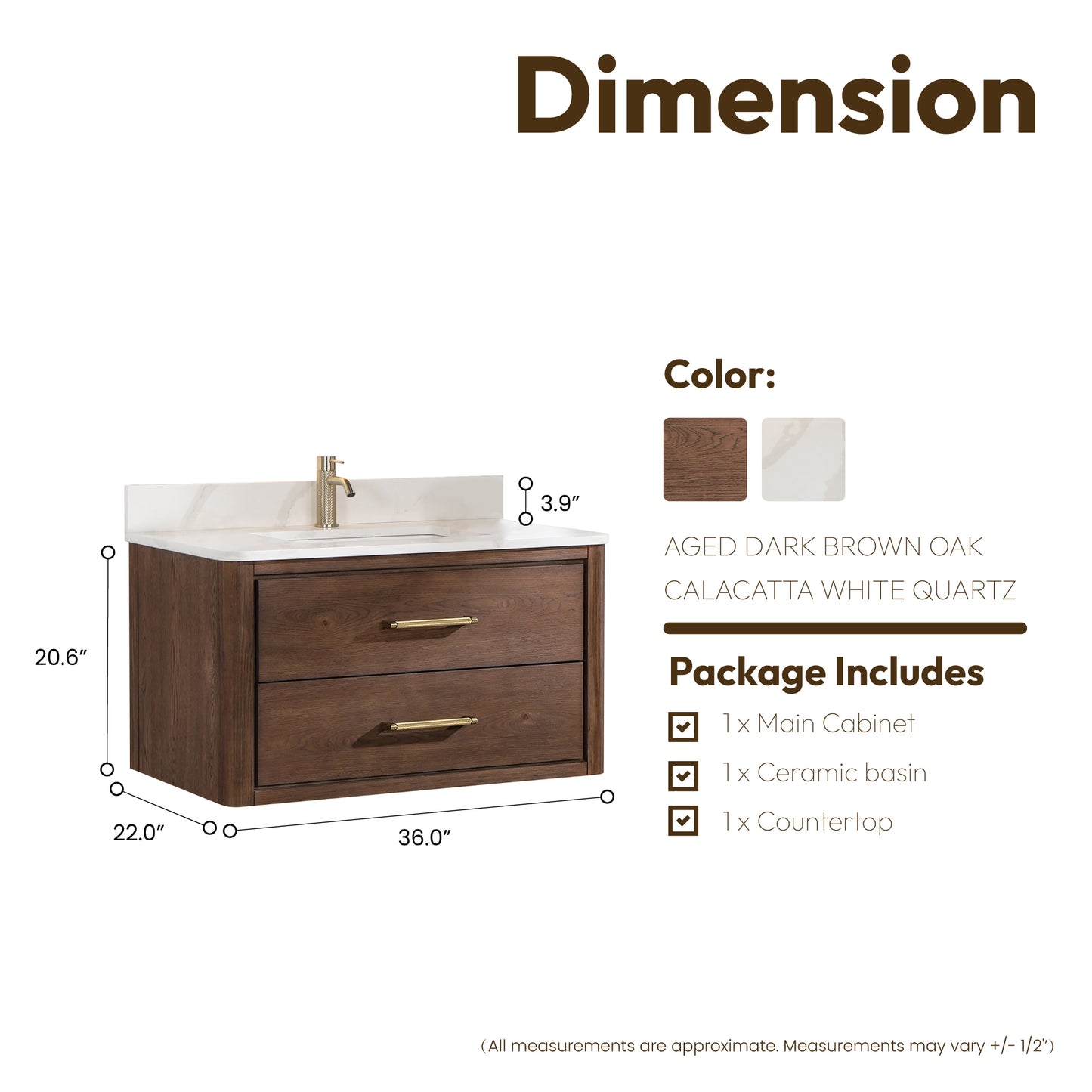 Vinnova, Cristo 36" Floating Single Bath Vanity in Aged Dark Brown Oak with Fish Maw White Quartz Stone Top