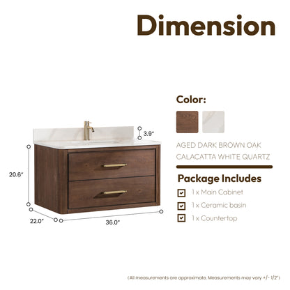 Vinnova, Cristo 36" Floating Single Bath Vanity in Aged Dark Brown Oak with Fish Maw White Quartz Stone Top