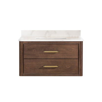 Vinnova, Cristo 36" Floating Single Bath Vanity in Aged Dark Brown Oak with Fish Maw White Quartz Stone Top