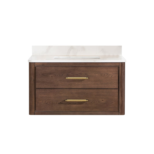 Vinnova, Cristo 36" Floating Single Bath Vanity in Aged Dark Brown Oak with Fish Maw White Quartz Stone Top