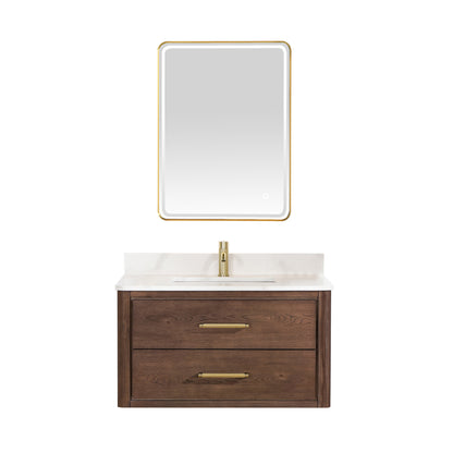 Vinnova, Cristo 36" Floating Single Bath Vanity in Aged Dark Brown Oak with Fish Maw White Quartz Stone Top and Mirror