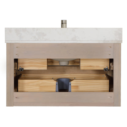 Vinnova, Cristo 36" Floating Single Bath Vanity in Aged Dark Brown Oak with Fish Maw White Quartz Stone Top and Mirror