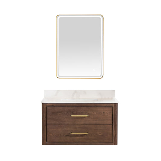 Vinnova, Cristo 36" Floating Single Bath Vanity in Aged Dark Brown Oak with Fish Maw White Quartz Stone Top and Mirror
