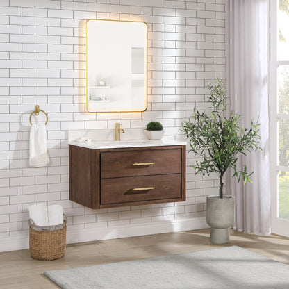 Vinnova, Cristo 36" Floating Single Bath Vanity in Aged Dark Brown Oak with Fish Maw White Quartz Stone Top and Mirror