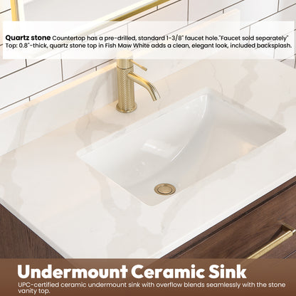 Vinnova, Cristo 36" Floating Single Bath Vanity in Aged Dark Brown Oak with Fish Maw White Quartz Stone Top and Mirror