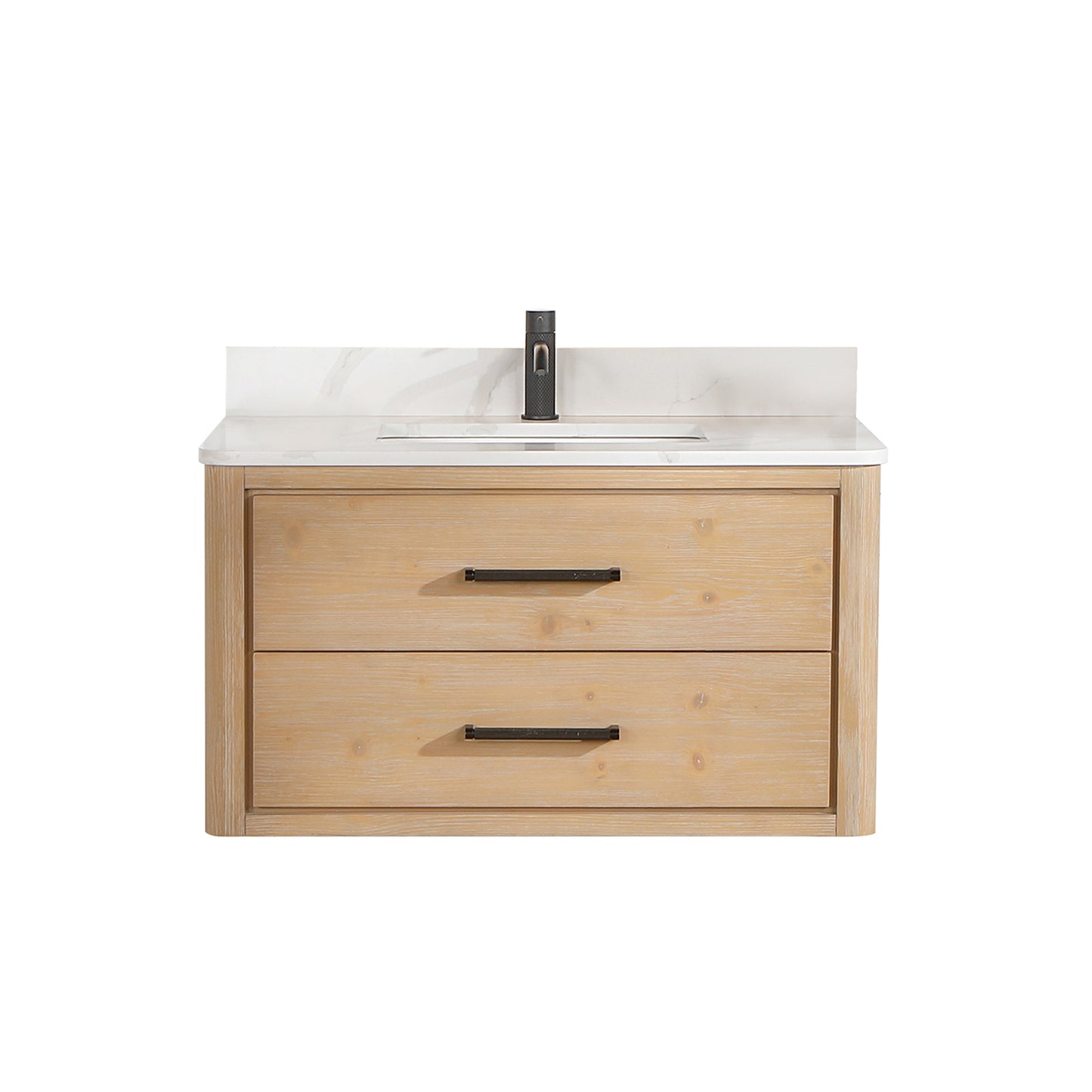 Vinnova, Cristo 36" Floating Single Bath Vanity in Fir Wood Brown with Fish Maw White Quartz Stone Top