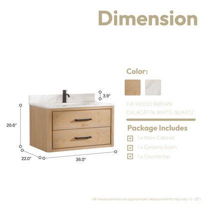 Vinnova, Cristo 36" Floating Single Bath Vanity in Fir Wood Brown with Fish Maw White Quartz Stone Top