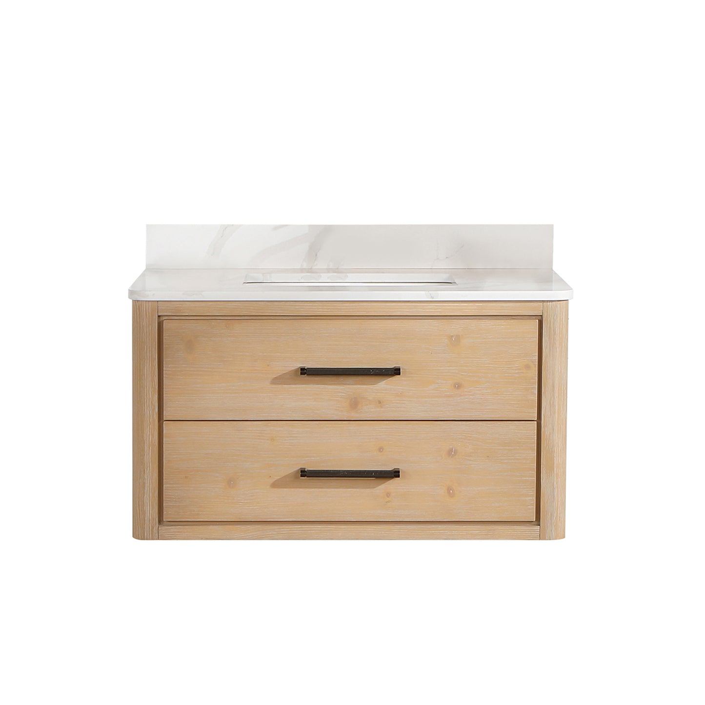 Vinnova, Cristo 36" Floating Single Bath Vanity in Fir Wood Brown with Fish Maw White Quartz Stone Top