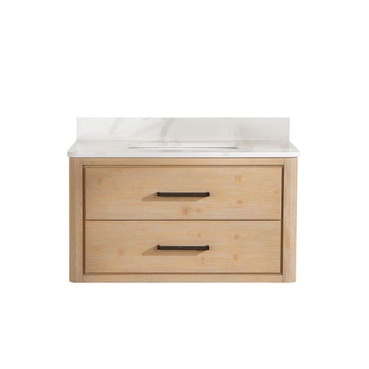 Vinnova, Cristo 36" Floating Single Bath Vanity in Fir Wood Brown with Fish Maw White Quartz Stone Top