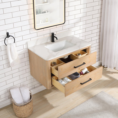 Vinnova, Cristo 36" Floating Single Bath Vanity in Fir Wood Brown with Fish Maw White Quartz Stone Top