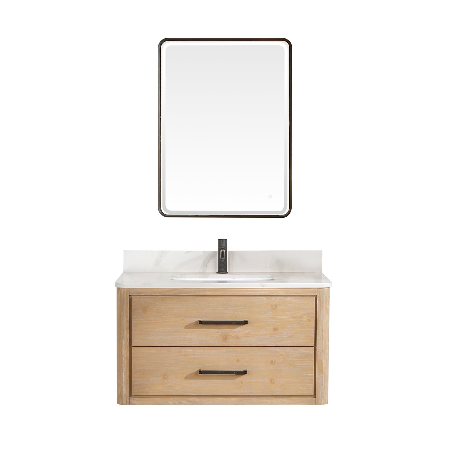 Vinnova, Cristo 36" Floating Single Bath Vanity in Fir Wood Brown with Fish Maw White Quartz Stone Top and Mirror