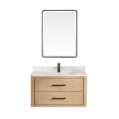 Vinnova, Cristo 36" Floating Single Bath Vanity in Fir Wood Brown with Fish Maw White Quartz Stone Top and Mirror