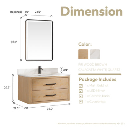 Vinnova, Cristo 36" Floating Single Bath Vanity in Fir Wood Brown with Fish Maw White Quartz Stone Top and Mirror