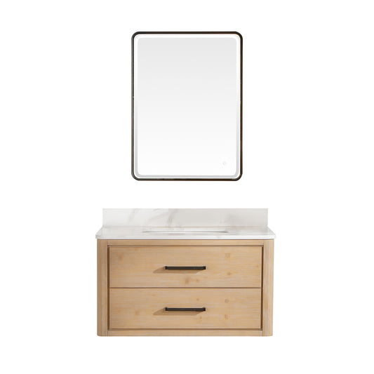 Vinnova, Cristo 36" Floating Single Bath Vanity in Fir Wood Brown with Fish Maw White Quartz Stone Top and Mirror