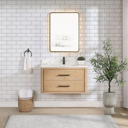 Vinnova, Cristo 36" Floating Single Bath Vanity in Fir Wood Brown with Fish Maw White Quartz Stone Top and Mirror