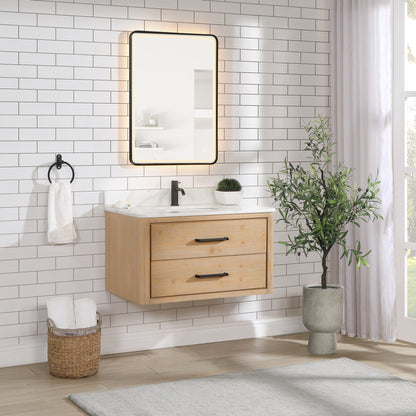 Vinnova, Cristo 36" Floating Single Bath Vanity in Fir Wood Brown with Fish Maw White Quartz Stone Top and Mirror