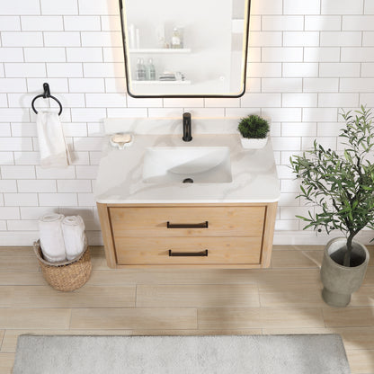 Vinnova, Cristo 36" Floating Single Bath Vanity in Fir Wood Brown with Fish Maw White Quartz Stone Top and Mirror