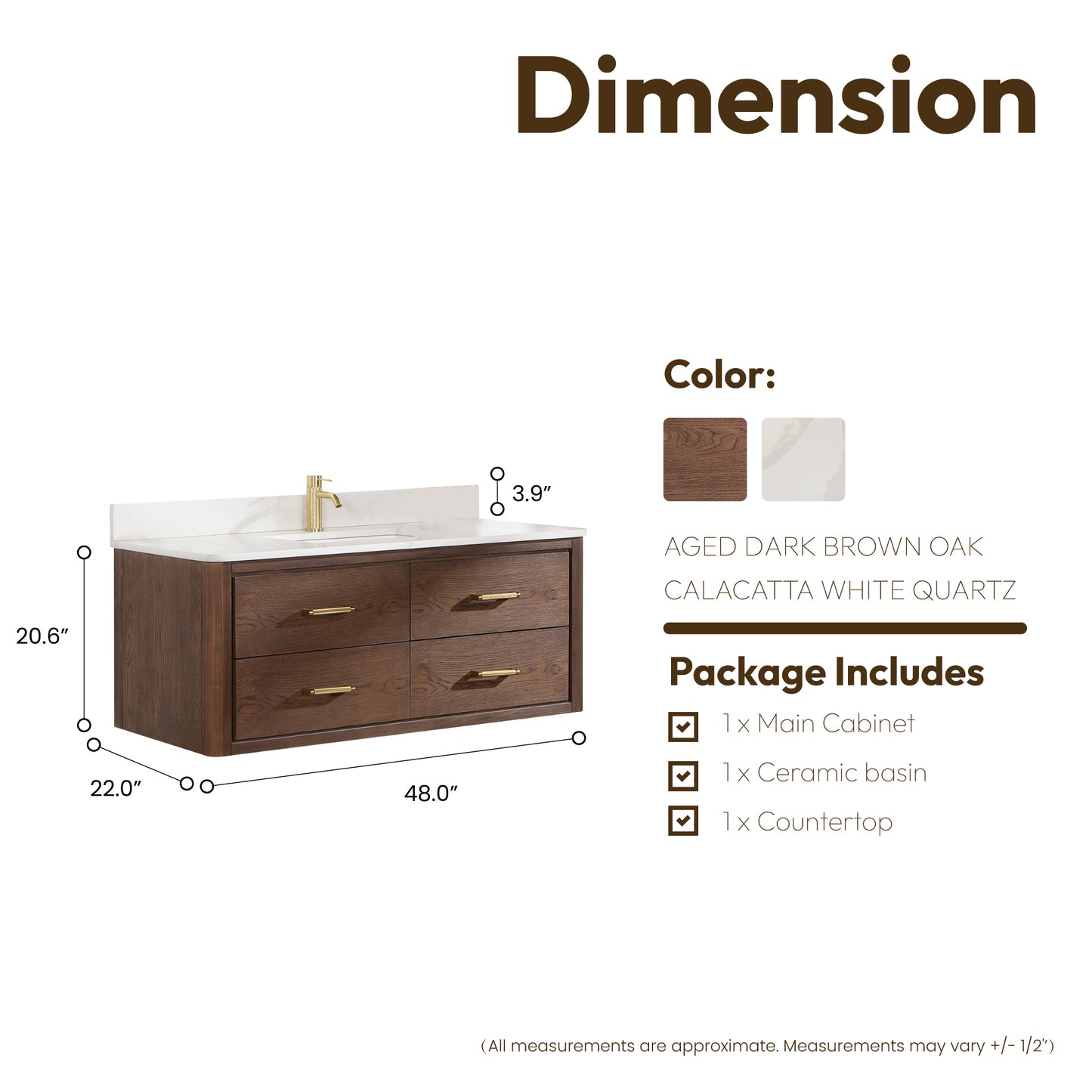 Vinnova, Cristo 48" Floating Single Bath Vanity in Aged Dark Brown Oak with Fish Maw White Quartz Stone Top