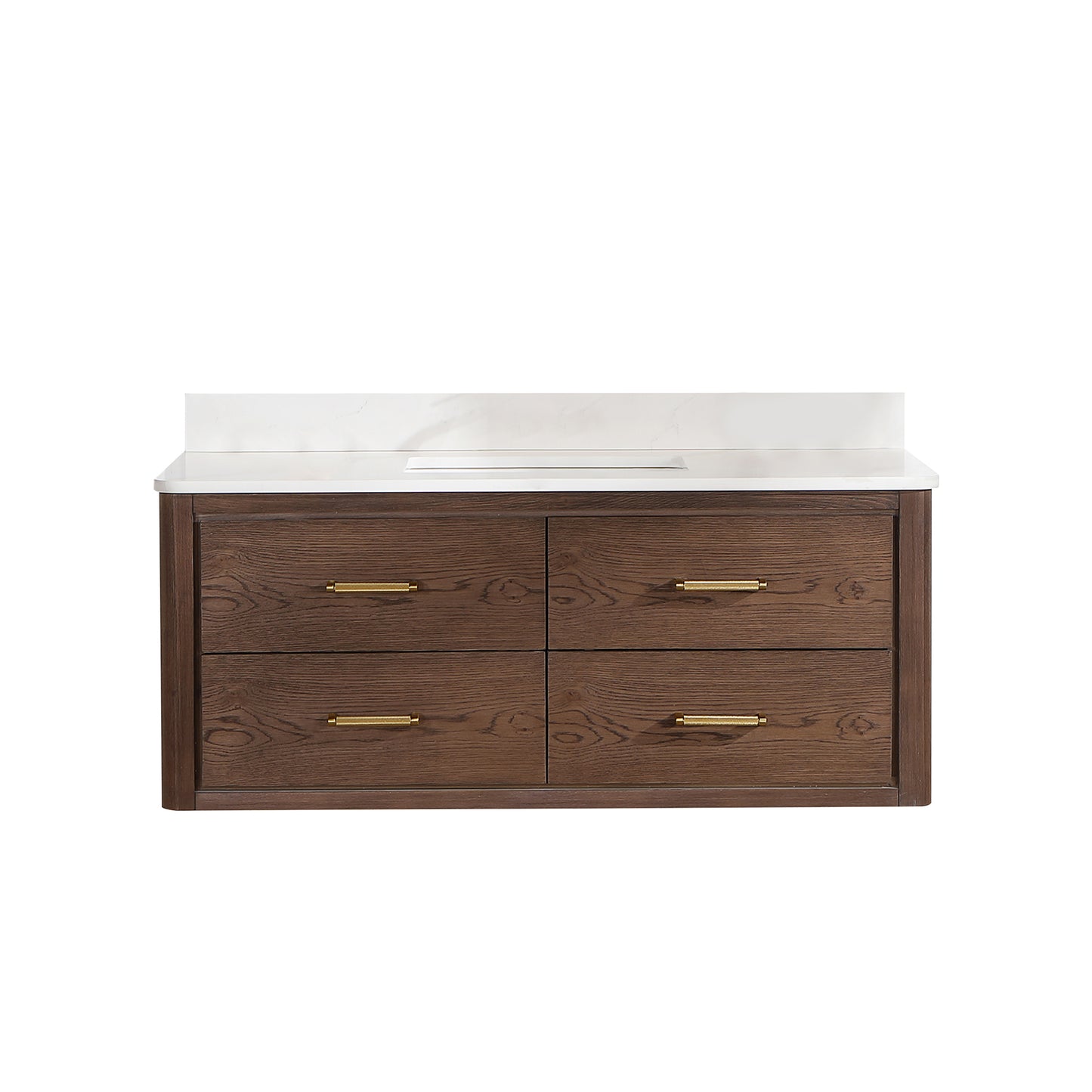Vinnova, Cristo 48" Floating Single Bath Vanity in Aged Dark Brown Oak with Fish Maw White Quartz Stone Top