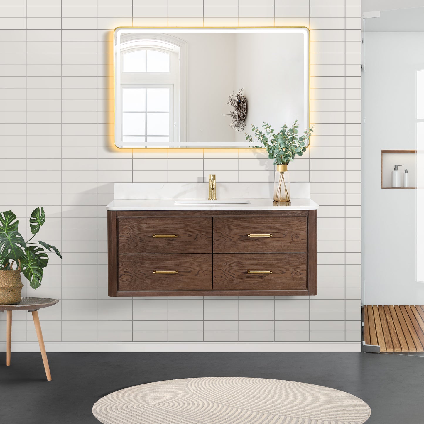 Vinnova, Cristo 48" Floating Single Bath Vanity in Aged Dark Brown Oak with Fish Maw White Quartz Stone Top