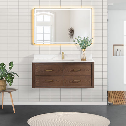 Vinnova, Cristo 48" Floating Single Bath Vanity in Aged Dark Brown Oak with Fish Maw White Quartz Stone Top