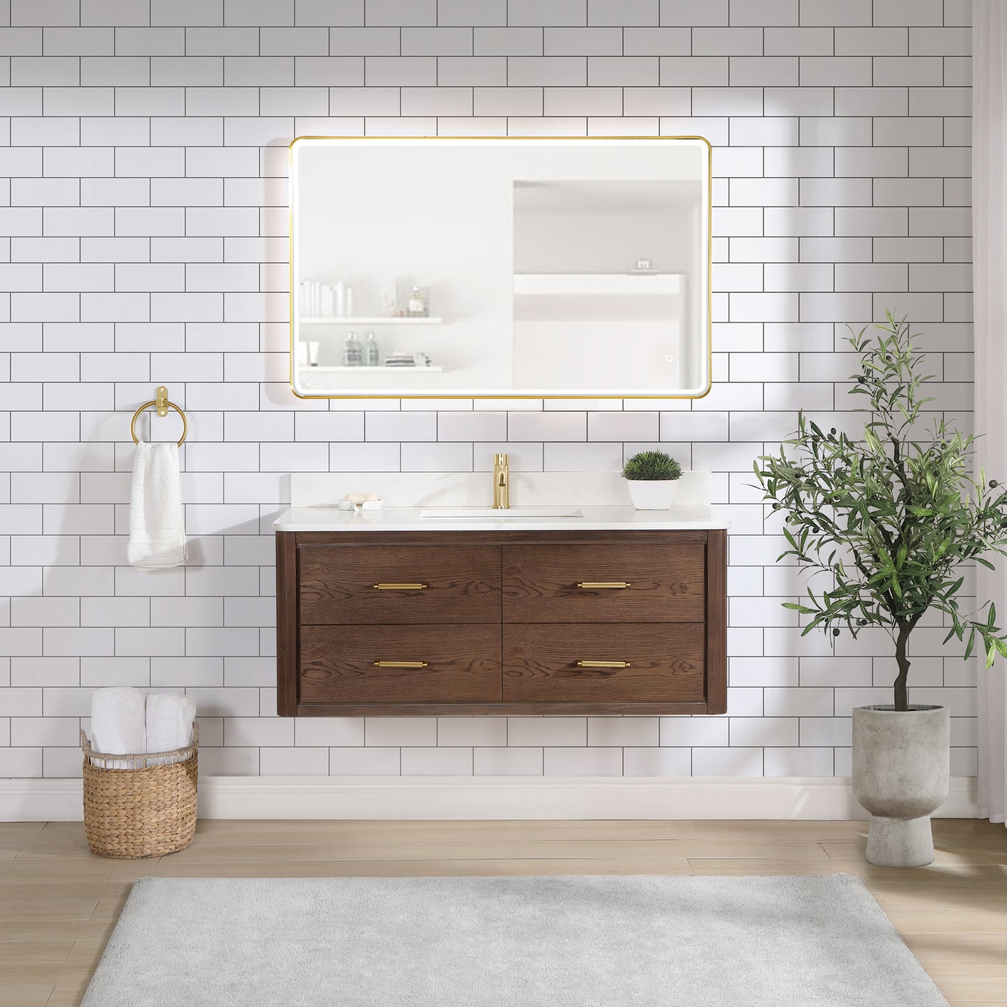 Vinnova, Cristo 48" Floating Single Bath Vanity in Aged Dark Brown Oak with Fish Maw White Quartz Stone Top