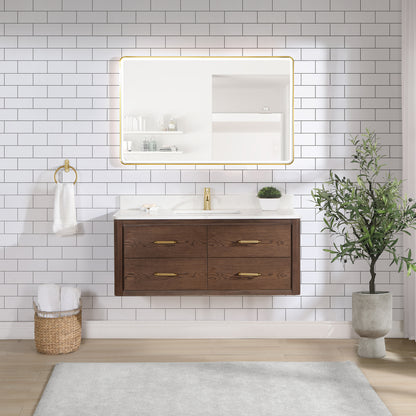 Vinnova, Cristo 48" Floating Single Bath Vanity in Aged Dark Brown Oak with Fish Maw White Quartz Stone Top