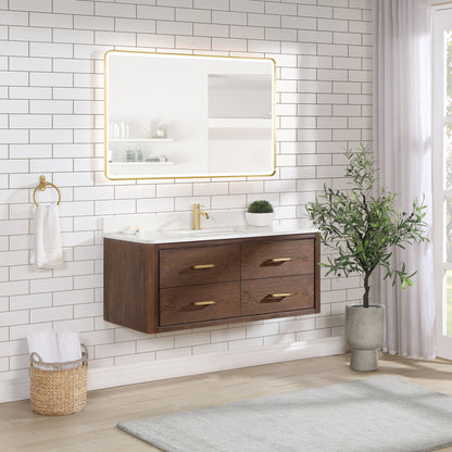 Vinnova, Cristo 48" Floating Single Bath Vanity in Aged Dark Brown Oak with Fish Maw White Quartz Stone Top