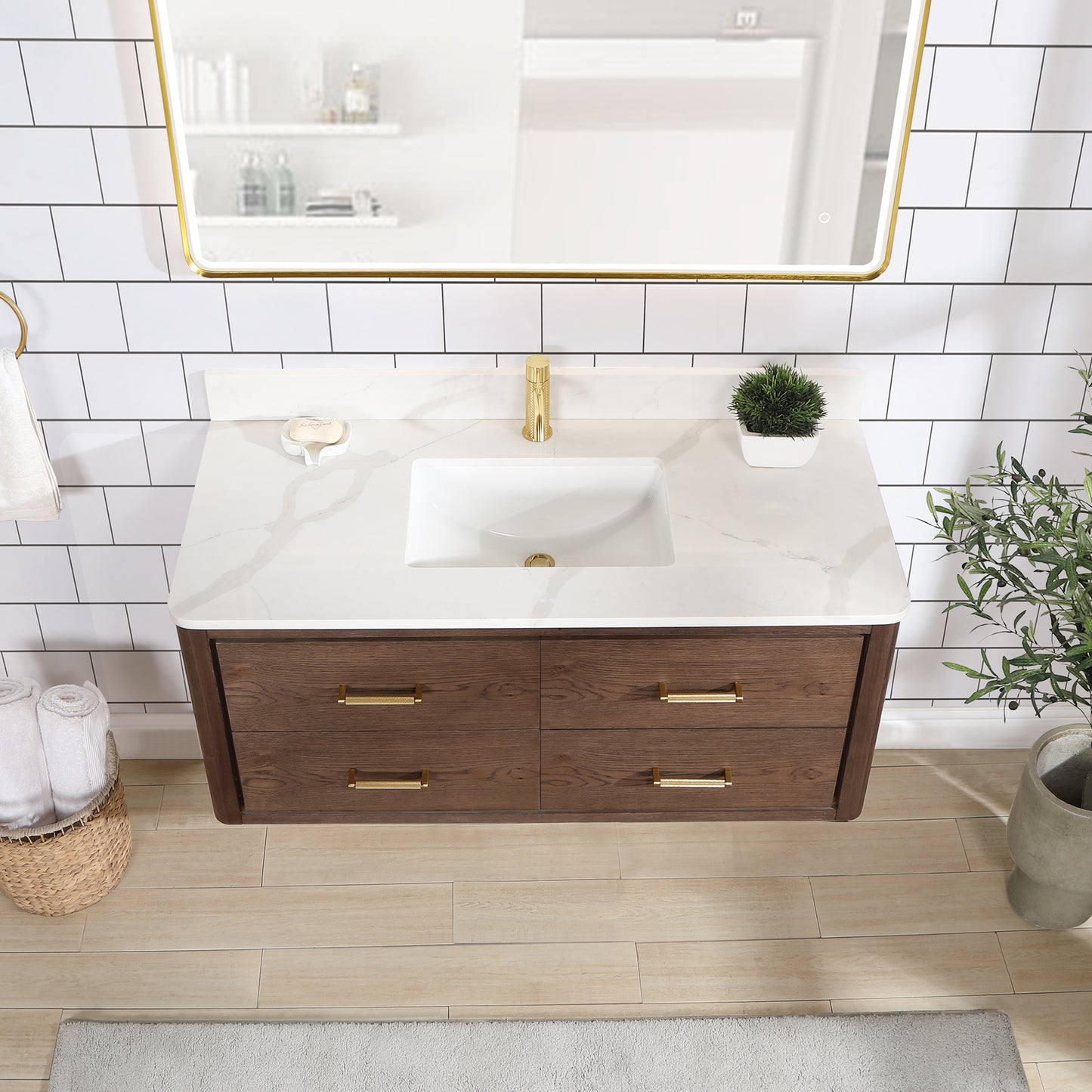 Vinnova, Cristo 48" Floating Single Bath Vanity in Aged Dark Brown Oak with Fish Maw White Quartz Stone Top
