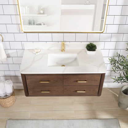Vinnova, Cristo 48" Floating Single Bath Vanity in Aged Dark Brown Oak with Fish Maw White Quartz Stone Top