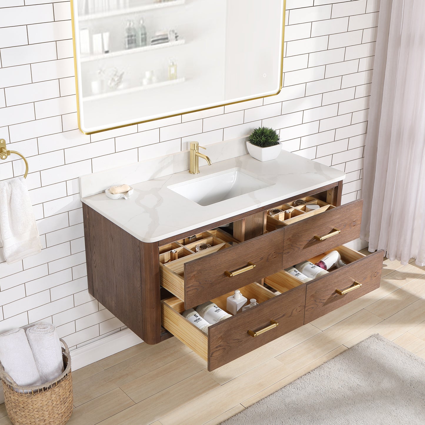 Vinnova, Cristo 48" Floating Single Bath Vanity in Aged Dark Brown Oak with Fish Maw White Quartz Stone Top