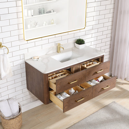 Vinnova, Cristo 48" Floating Single Bath Vanity in Aged Dark Brown Oak with Fish Maw White Quartz Stone Top