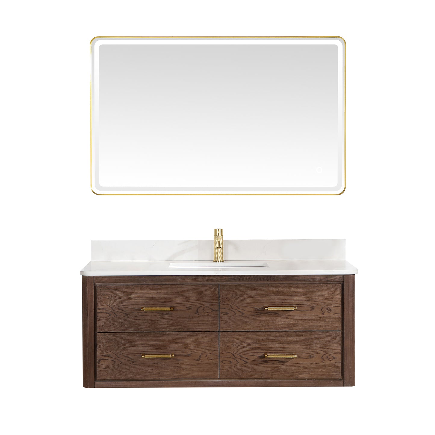 Vinnova, Cristo 48" Floating Single Bath Vanity in Aged Dark Brown Oak with Fish Maw White Quartz Stone Top and Mirror