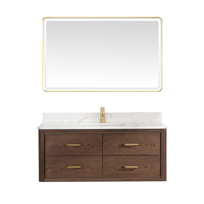 Vinnova, Cristo 48" Floating Single Bath Vanity in Aged Dark Brown Oak with Fish Maw White Quartz Stone Top and Mirror
