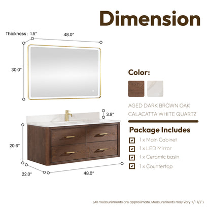 Vinnova, Cristo 48" Floating Single Bath Vanity in Aged Dark Brown Oak with Fish Maw White Quartz Stone Top and Mirror