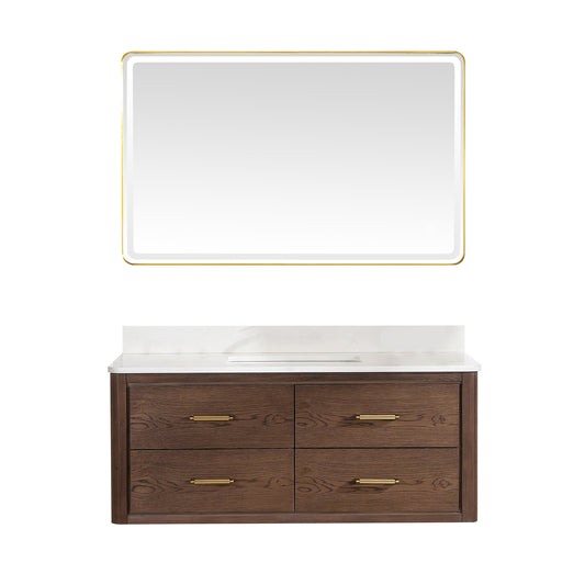 Vinnova, Cristo 48" Floating Single Bath Vanity in Aged Dark Brown Oak with Fish Maw White Quartz Stone Top and Mirror